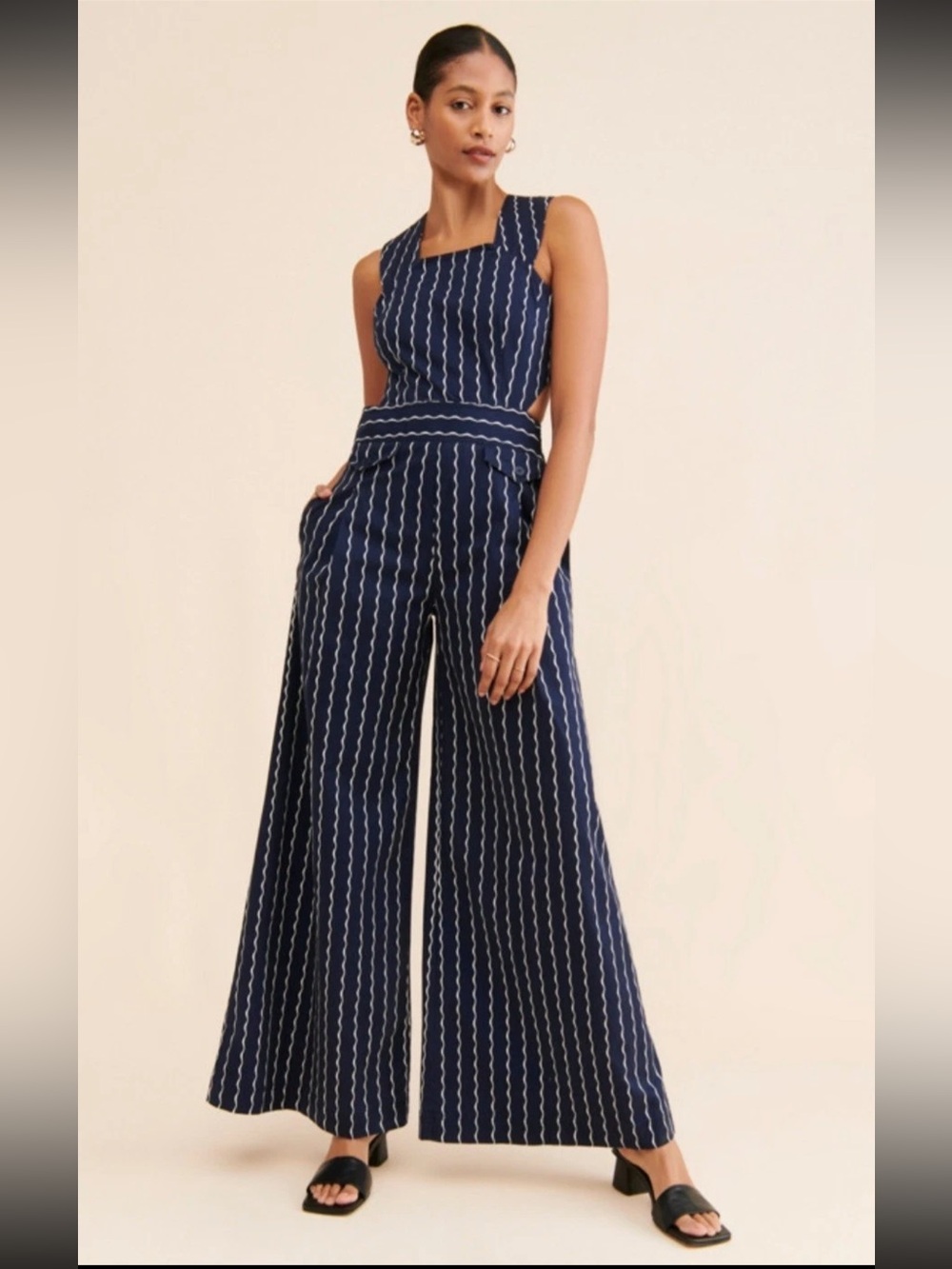 Anthropologie Maeve Pinafore Nautical Striped One Piece Jumpsuit In Navy Size 4